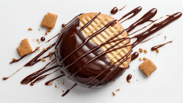 Rich chocolate drizzle coats a textured biscuit, surrounded by crumbs