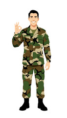 Fototapeta premium Military Soldier in Camouflage Uniform Making Okay Gesture, Isolated Vector Illustration for UI Web Design and App Interface
