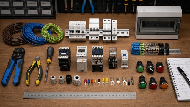 technical. Neatly arranged electrical components on a workbench, showcasing precision under soft overhead lighting. product launch decks.
