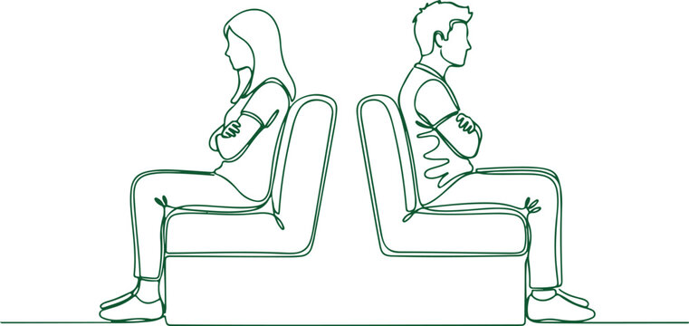 Couple sitting apart arms crossed showing anger frustration resentment dispute conflict disagreement.