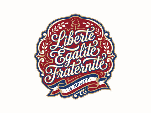 Bastille Day Ornamental Logo with "Libert&eacute;, &Eacute;galit&eacute;, Fraternit&eacute;"