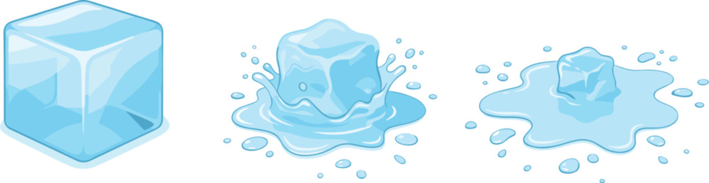 Realistic Ice Cube Melting Stages Collection Featuring Frozen Water Splash and Liquid Puddle Vector Illustration