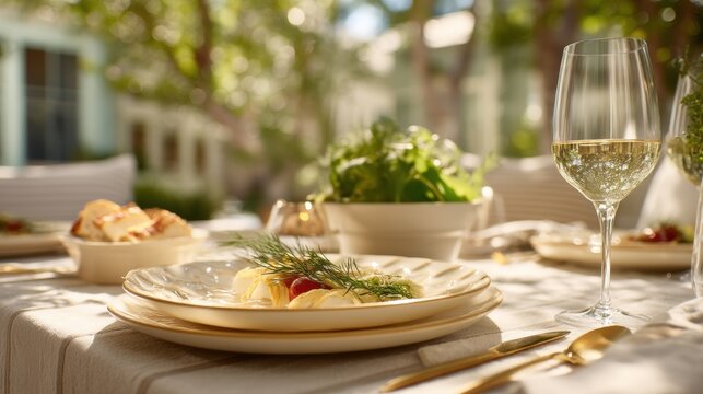 Fine dining lunch table setting in sunny garden. Plate with gourmet fish appetizer and white wine glass. Elegant outdoor restaurant lifestyle, summer holiday feast celebration concept.