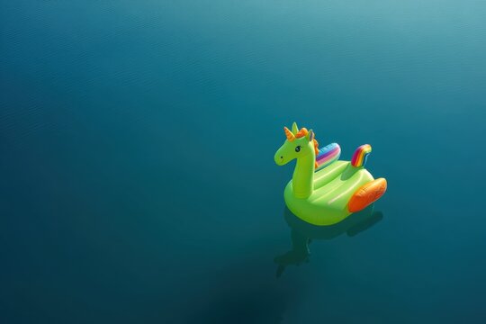 Inflatable green unicorn pool float drifting on calm blue water. Summer vacation and leisure concept. Joyful swimming accessory for beach activity, holiday fun and aquatic recreation.