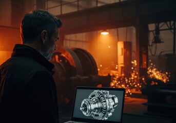 Fototapeta premium Engineer analyzing a 3d model of an engine in a factory setting with machinery in the background.