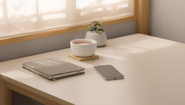 朝の光が差し込む窓辺のデスクとスマートフォン