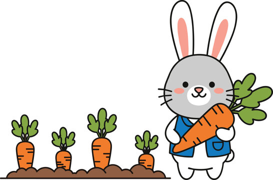 Cute cartoon rabbit holding a big carrot in the garden patch with growing carrots vector illustration isolated on white background