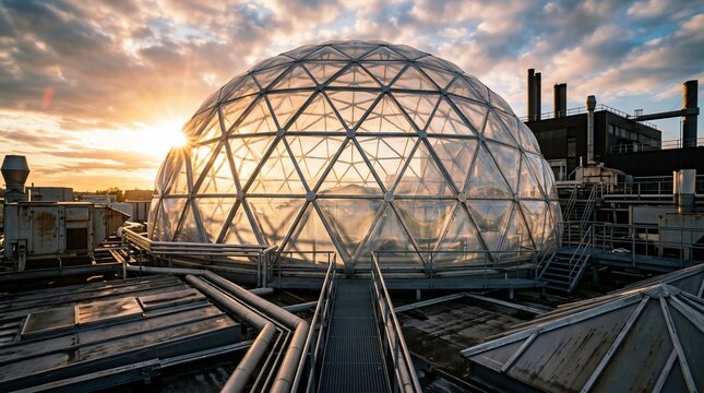 Large glass geodesic dome structure on an industrial rooftop at sunset