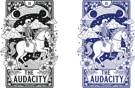 Funny skeleton halloween tarot card the audacity card with unicorn and skeleton rider