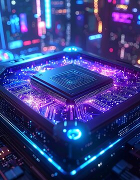 Glowing Futuristic Microchip Resting on Illuminated Circuit Board in Neon City Setting