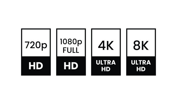 Video resolution icons for 720p, 1080p, 4k, and 8k