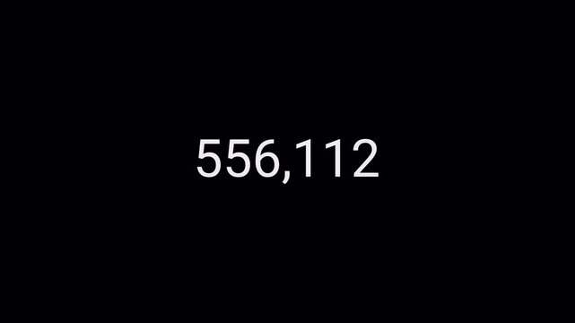 number counter animation from 0 to 1,000,000 on transparent background, animated number counter video counting from zero to one million in 4k , best for like and views.