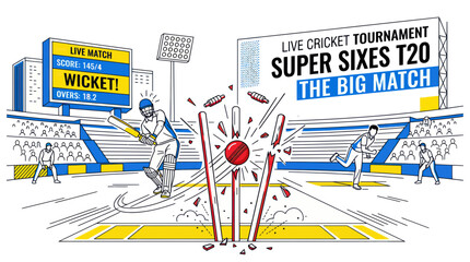 Cricket Match Wicket Hit, Super Sixes T20 Tournament, Live Scoreboard, Stadium Crowd © Yunan