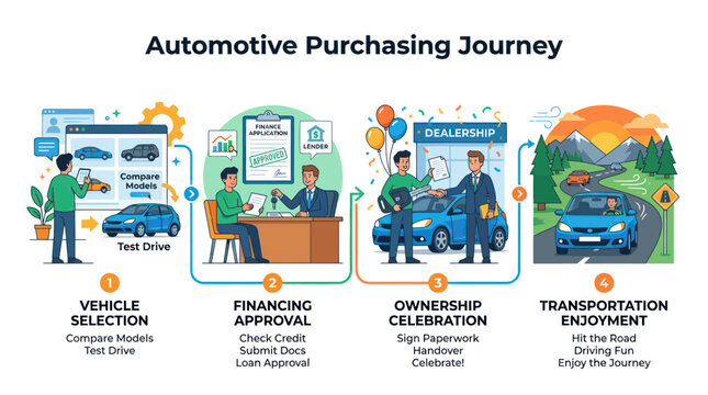 Automotive Purchasing Journey Infographic: Selection, Financing, Ownership, Enjoyment