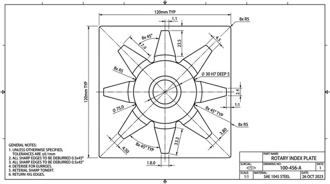 Industrial mechanical rotary index plate engineering drawing with precision dimensions and technical manufacturing blueprint illustration