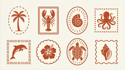 Vintage nautical stamp collection, 8 terracotta sea life vector icons, retro tropical beach badges with lobster octopus and turtle illustrations © Hinaa