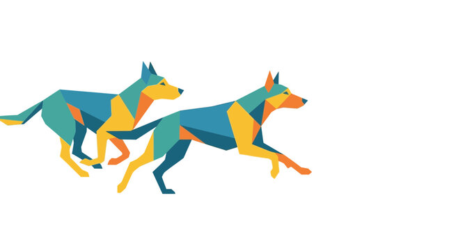 Two stylized geometric dogs running together in a vibrant low poly art style.