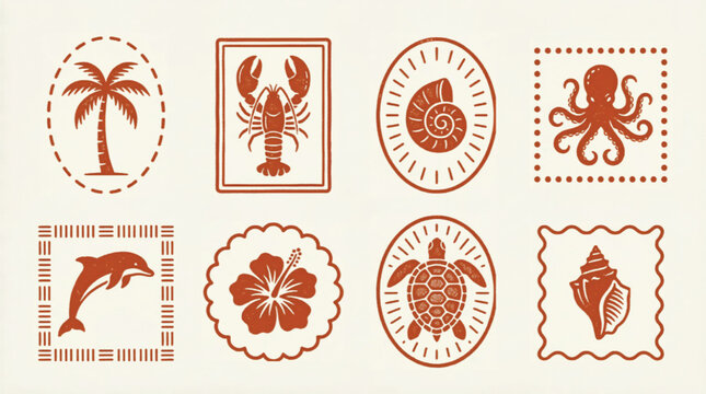 Vintage nautical stamp collection, 8 terracotta sea life vector icons, retro tropical beach badges with lobster octopus and turtle illustrations