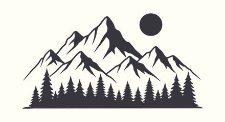 Silhouette of Mountain Range and Pine Forest with Sun Moon Vector Illustration for Nature Adventure © vectorial