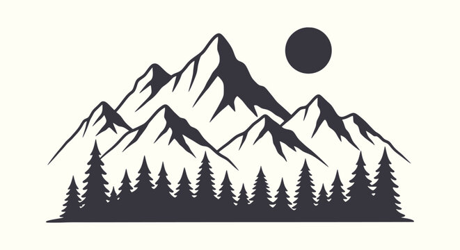 Silhouette of Mountain Range and Pine Forest with Sun Moon Vector Illustration for Nature Adventure