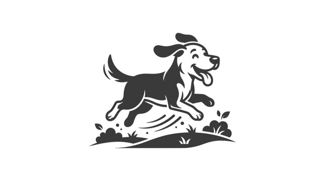 A playful black and white illustration of a happy dog running outdoors.
