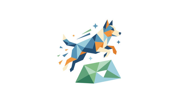 Low poly geometric illustration of a jumping dog over a triangular obstacle.