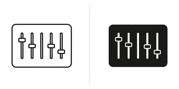 Mixing console sliders in outline and solid black for audio adjustment and sound engineering concepts