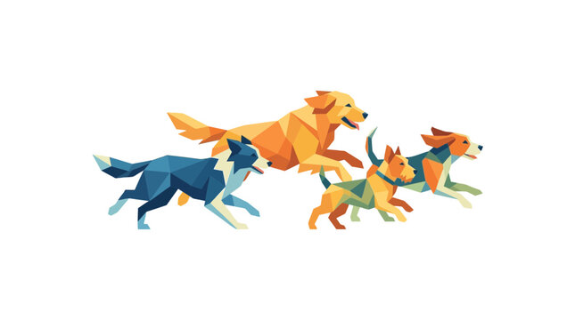 A vibrant watercolor illustration of three energetic dogs running together in a playful pack.
