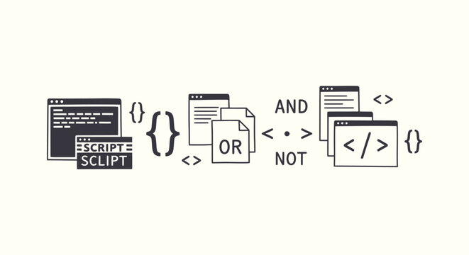 Web Development and Programming Logic Concept Illustration with Code Scripts and Boolean Operators