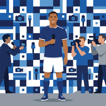 Soccer Player Holding Microphone Interviewed by Journalists and Photographers Media Press Conference Vector Illustration