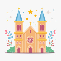 Obraz premium Stylized Church Building with Towers and Crosses