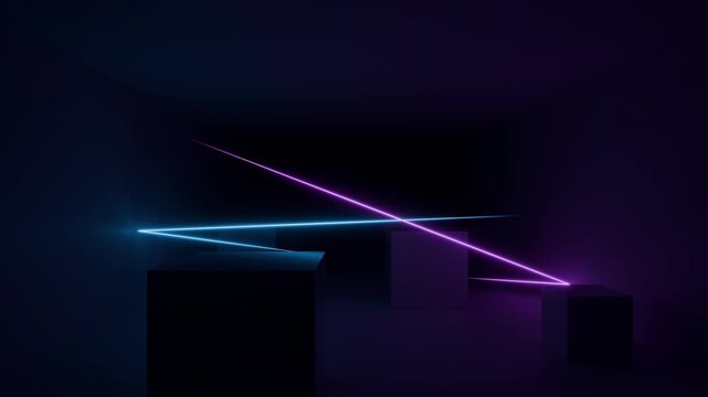 Abstract seamless looped animation of neon light line running loop triangle, lasers and lines bouncing around and moving forward within a dark tunnel. 4K footage video loop. Empty space. 3d animation