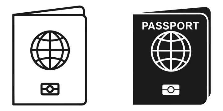 Two passport icons with globe and symbol on white background during conceptualization