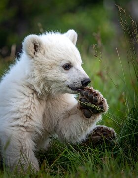 Fluffy Polar Bear Cub Chewing Grass While Sitting in Green Meadow