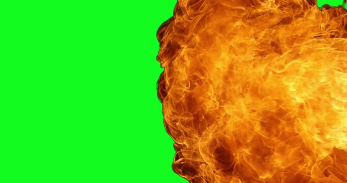 Realistic super slow motion fire blast explosion isolated on green screen background. Massive expanding flame burst ideal for VFX compositing, action scenes and cinematic effects.