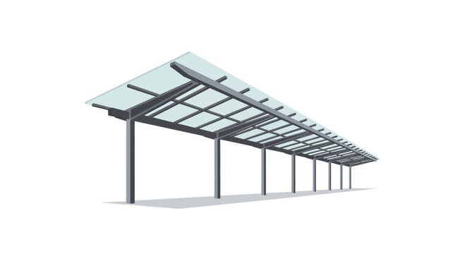 Modern Glass Canopy Structure with Steel Frame on White Background