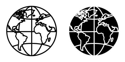 Two globes one outlined and one solid black against a white background representing global concepts © MONWARA STOCK