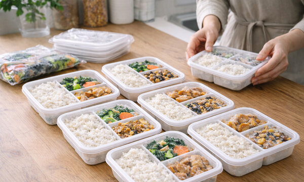 作り置きおかずを冷凍保存するミールプレップと時短家事のイメージ