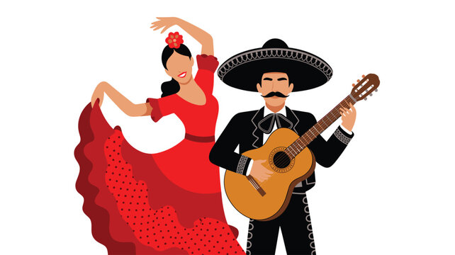 A stylish flat vector illustration presents a male guitarist wearing a large sombrero and a female dancer in a voluminous red ruffled dress on a clean white background.