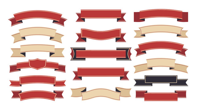 A diverse set of decorative vintage ribbon banners in red and cream hues displayed in a structured grid against a plain white background for design usage.