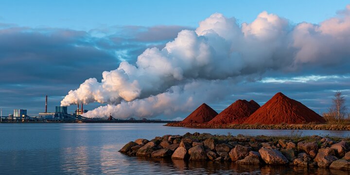 Industrial site with red slag piles and heavy smoke over calm water for environmental awareness banner and industrial background