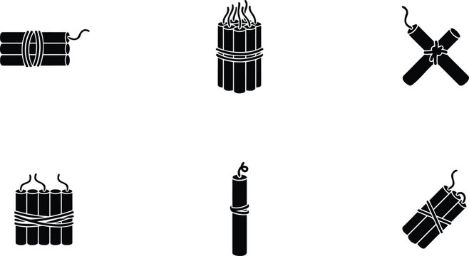 Set of six black silhouette dynamite stick icons with burning fuses and various bundled configurations on a clean white backdrop