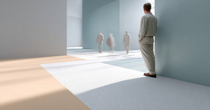 Man standing alone in a minimalist modern architectural space observing blurred figures walking in the distance with soft natural light and muted color tones