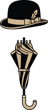 Bowler Hat and Umbrella Illustration Vintage Gentleman Accessories Icon in Classic Retro Style