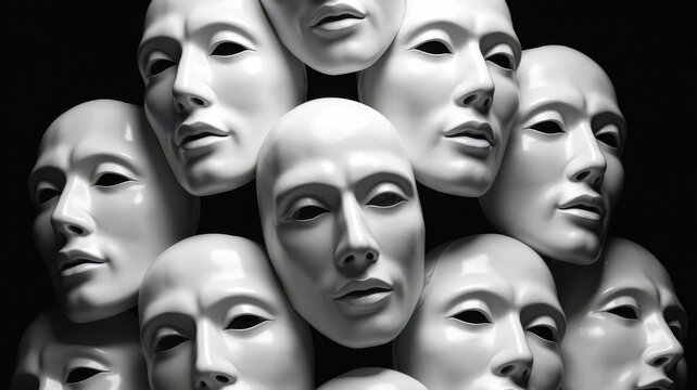 Stack of white plastic face masks piled together on a dark black background