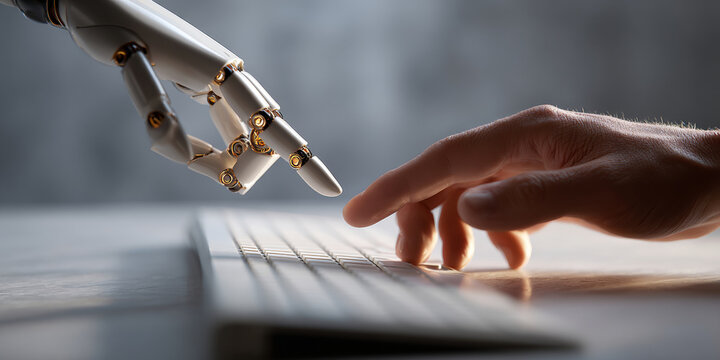 Close-up of human hand and robotic hand reaching towards each other over a computer keyboard symbolizing technology and human interaction