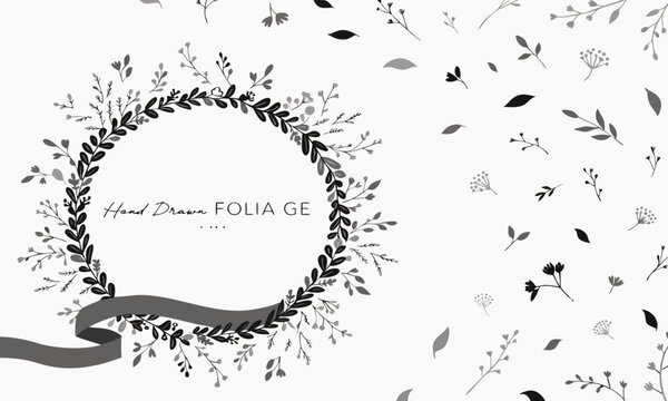 Folia Geometric Design with Hand-Drawn Botanical Elements and Scattered Leaves on White Background Featuring Floral, Elegant, Decorative