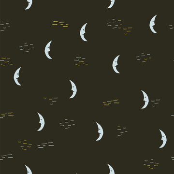 Hand Drawn Celestial Seamless Pattern with Crescent Moons