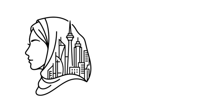 Line art illustration of a woman wearing a hijab with a city skyline silhouette.