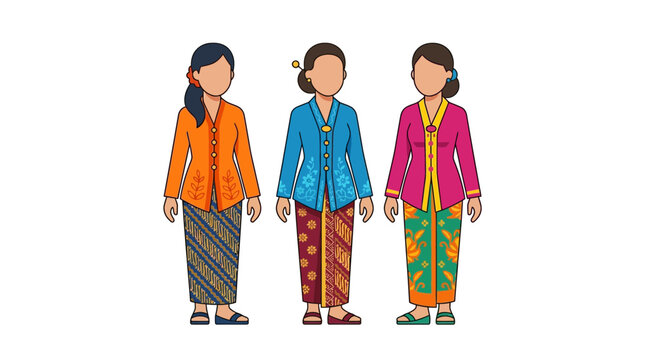 Three women wearing traditional Indonesian Kebaya outfits standing side by side.
